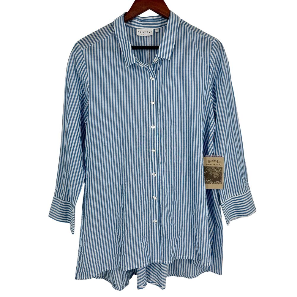 NEW NWT Habitat Sz Small Blue White Stripe Wearable Art to Wear Blouse Shirt Top